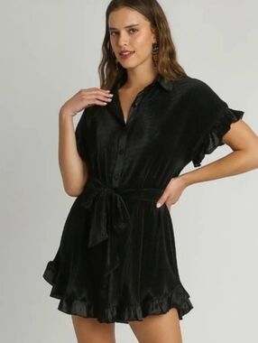 Umgee Black Short Button-Front Ruffle Dress with Tie Waist
